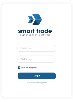 Inlogscherm van Smart Trade met velden voor e-mailadres en wachtwoord, inclusief knop voor 'Login' en optie om gegevens te onthouden.