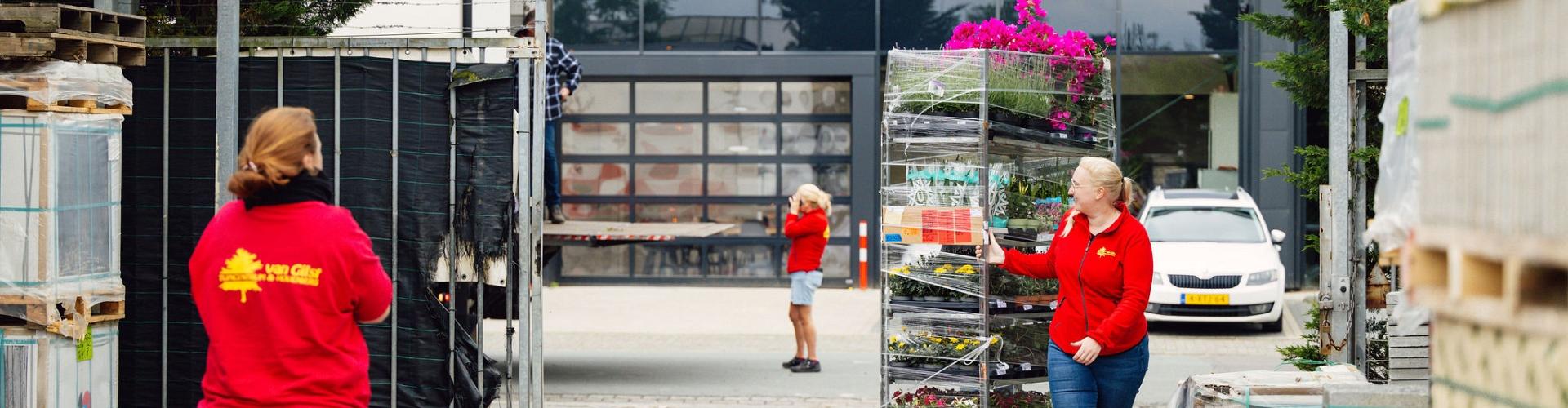 3 vrouwen met rode werkkleding die karren met bloemen uit een vrachtwagen uitladen.