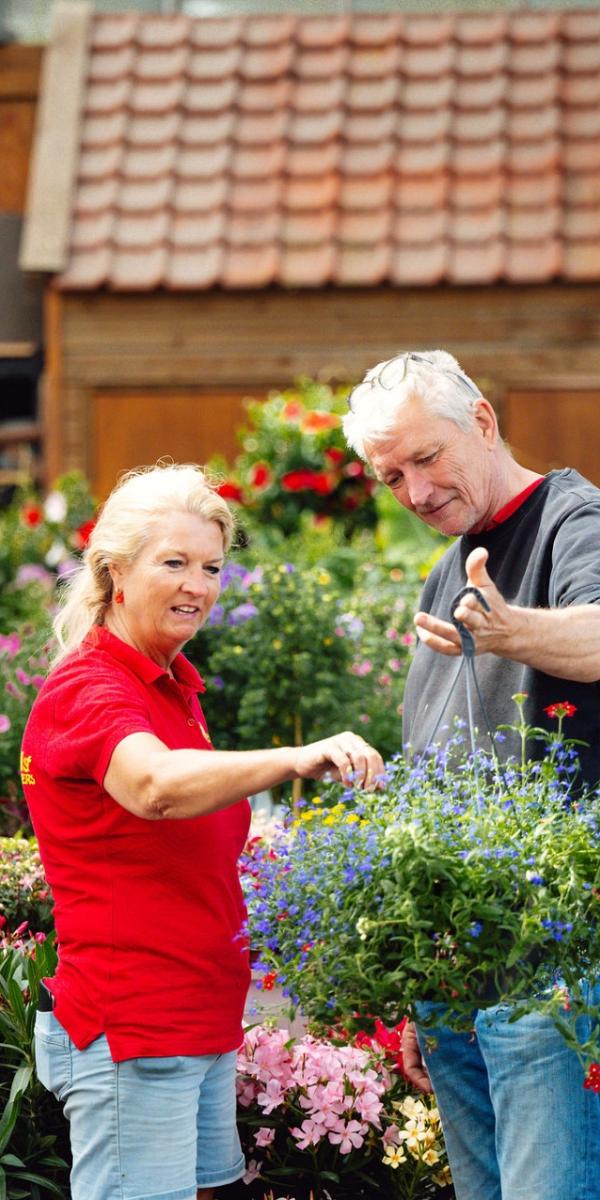 Vrouw en man op de voorgrond van verschillende bloemen waarbij de man een hangplant in zijn handen heeft en de vrouw de plant aanraakt. 