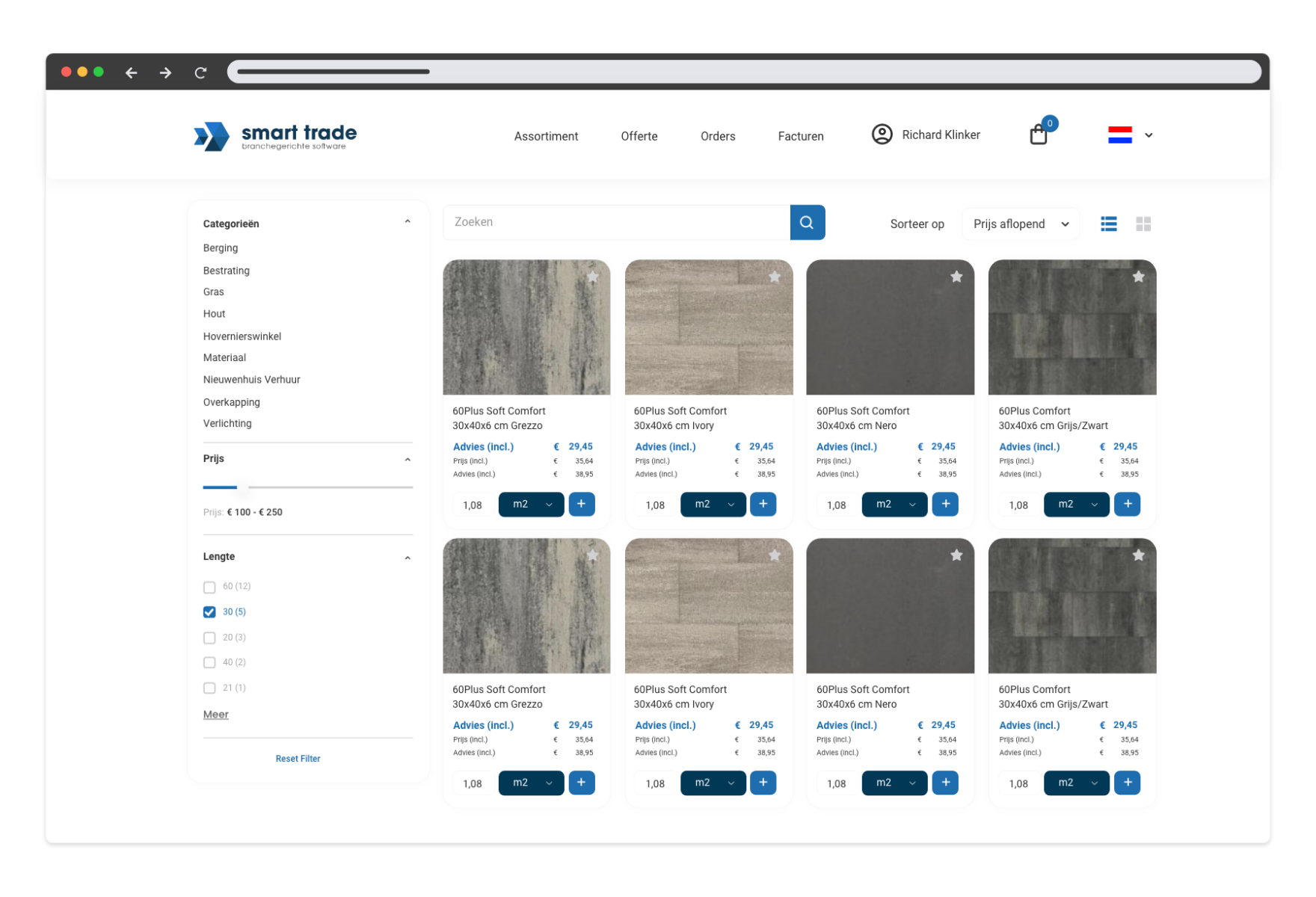 Smart Trade klantportaal met tegeloverzicht, waarin filters voor categorie, prijs en formaat beschikbaar zijn en producten per m² te selecteren zijn.