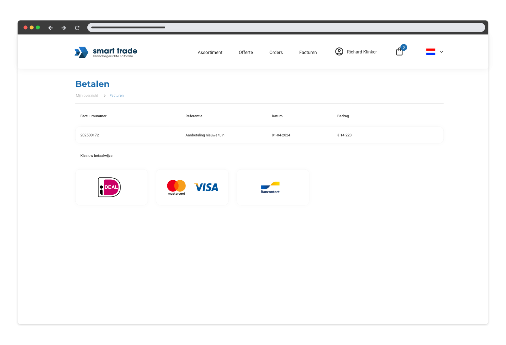 Betaalscherm in het Smart Trade klantportaal met factuurgegevens en keuze uit betaalmethodes zoals iDEAL, Mastercard, VISA en Bancontact.