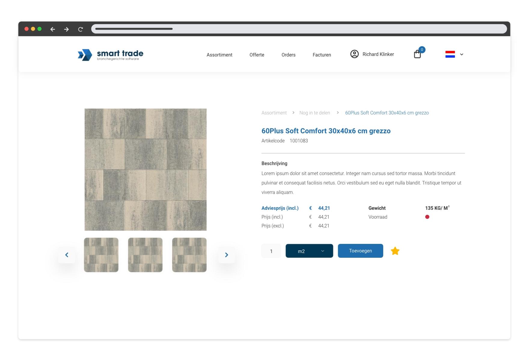 Productpagina in het Smart Trade klantportaal met details van de 60Plus Soft Comfort tegel 30x40x6 cm grezzo, inclusief prijs, gewicht, voorraadstatus en besteloptie per m².