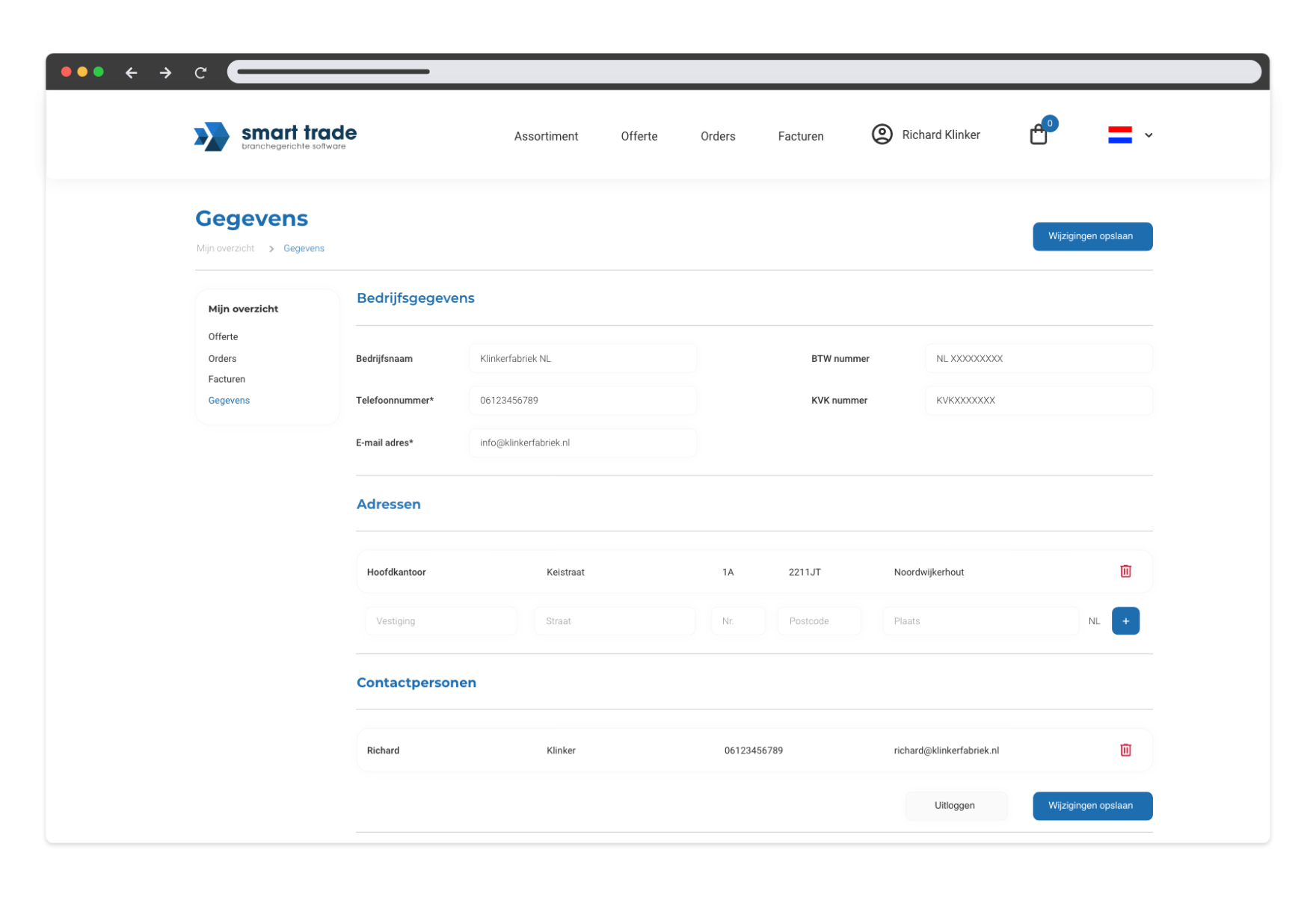 Facturenoverzicht in het Smart Trade klantportaal met een lijst van facturen, bijbehorende bedragen, status en knop om openstaande posten direct te betalen.