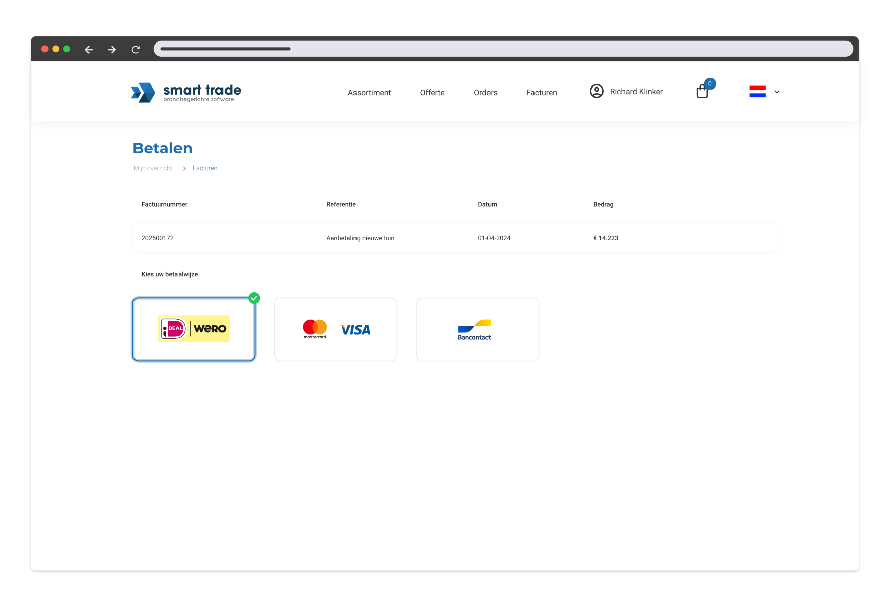 Betaalscherm in het Smart Trade klantportaal met factuurgegevens en keuze uit betaalmethodes zoals iDEAL, Mastercard, VISA en Bancontact.