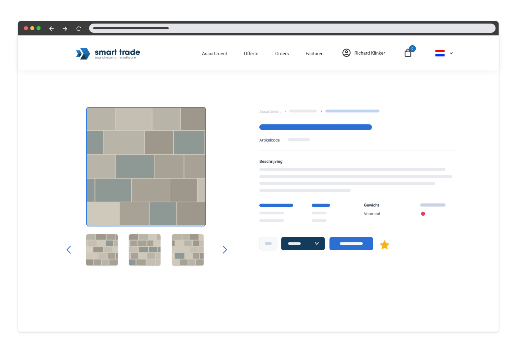 Productpagina in het Smart Trade klantportaal met details van de 60Plus Soft Comfort tegel 30x40x6 cm grezzo, inclusief prijs, gewicht, voorraadstatus en besteloptie per m².