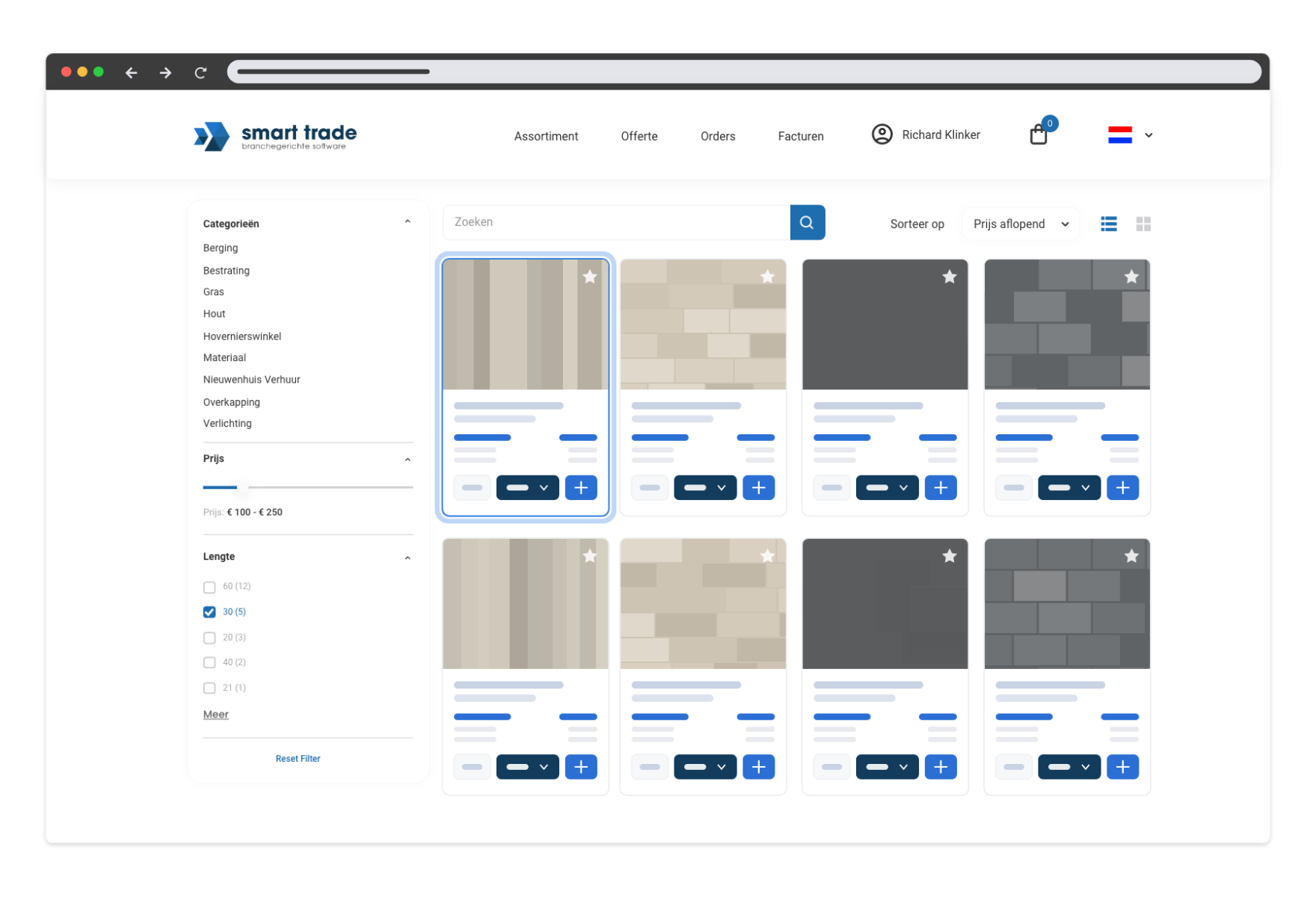 Smart Trade klantportaal met tegeloverzicht, waarin filters voor categorie, prijs en formaat beschikbaar zijn en producten per m² te selecteren zijn.