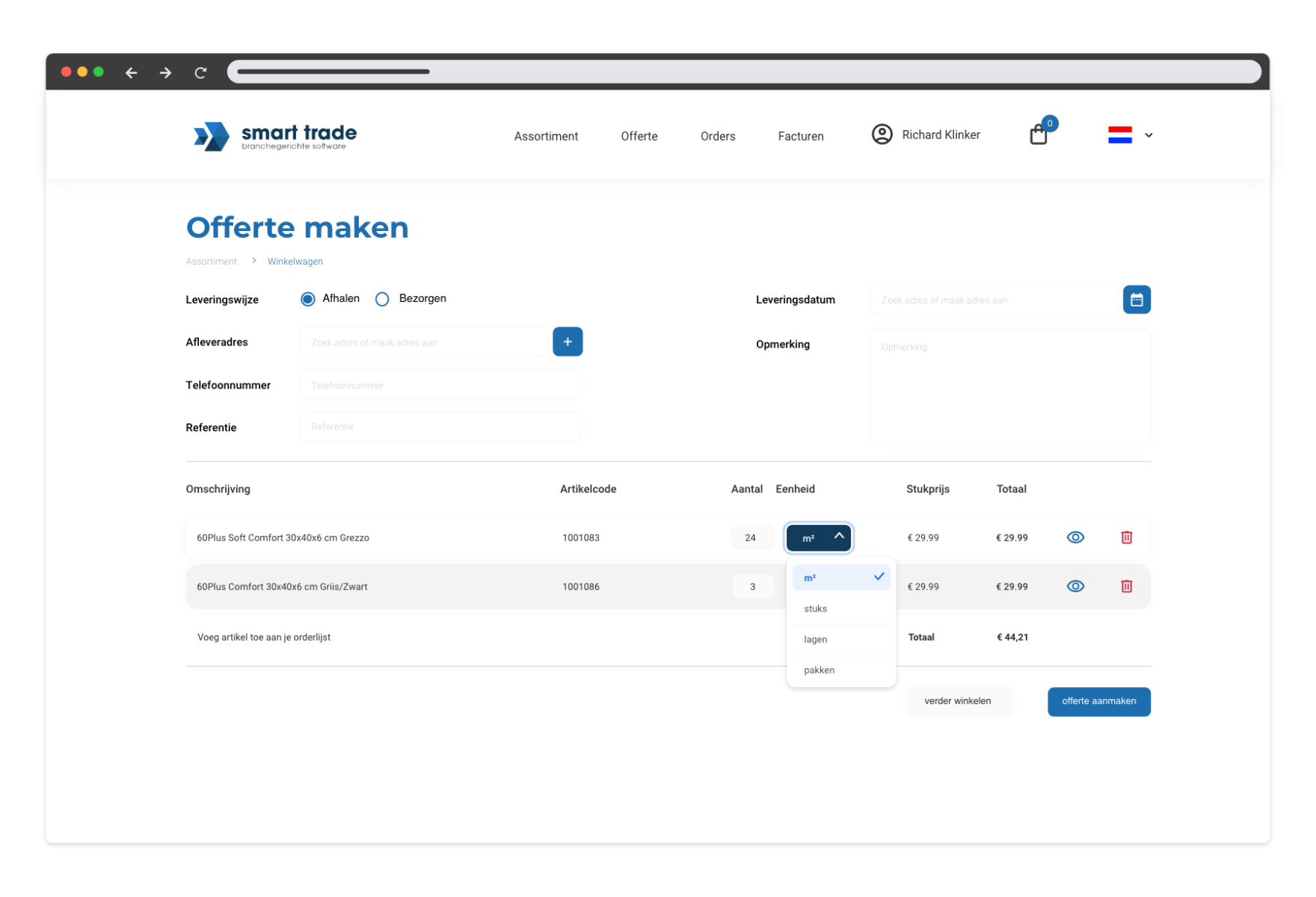Facturenoverzicht in het Smart Trade klantportaal met een lijst van facturen, bijbehorende bedragen, status en knop om openstaande posten direct te betalen.