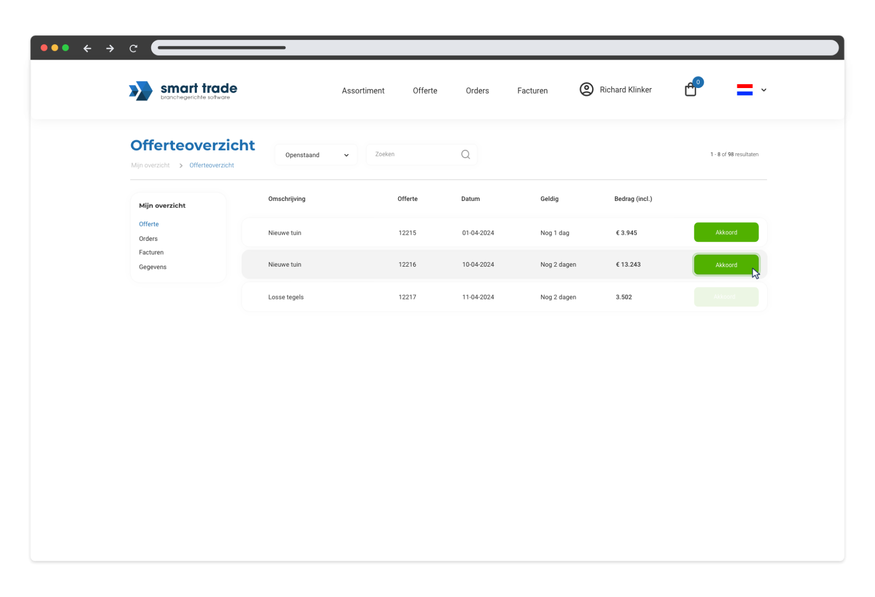 Smart Trade klantportaal waarin een offerte wordt aangemaakt, met velden voor leveringsgegevens en een overzicht van geselecteerde artikelen met prijs en aantallen.