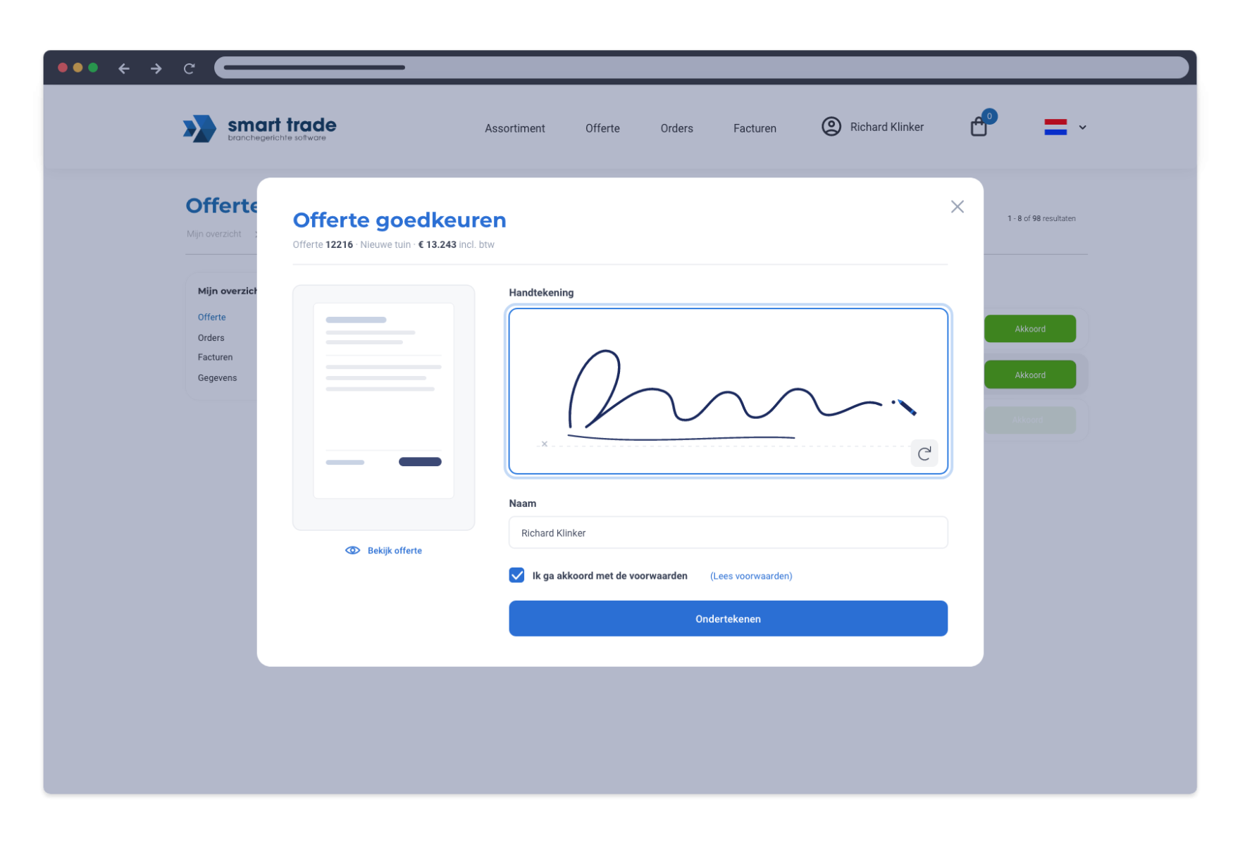 Betaalscherm in het Smart Trade klantportaal met factuurgegevens en keuze uit betaalmethodes zoals iDEAL, Mastercard, VISA en Bancontact.