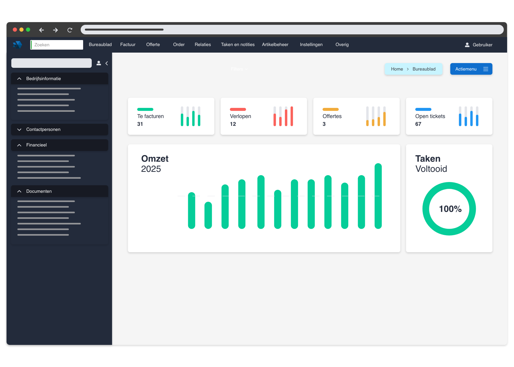Het Smart Trade-dashboard met realtime inzicht in omzet, taken, facturen, offertes en open tickets.